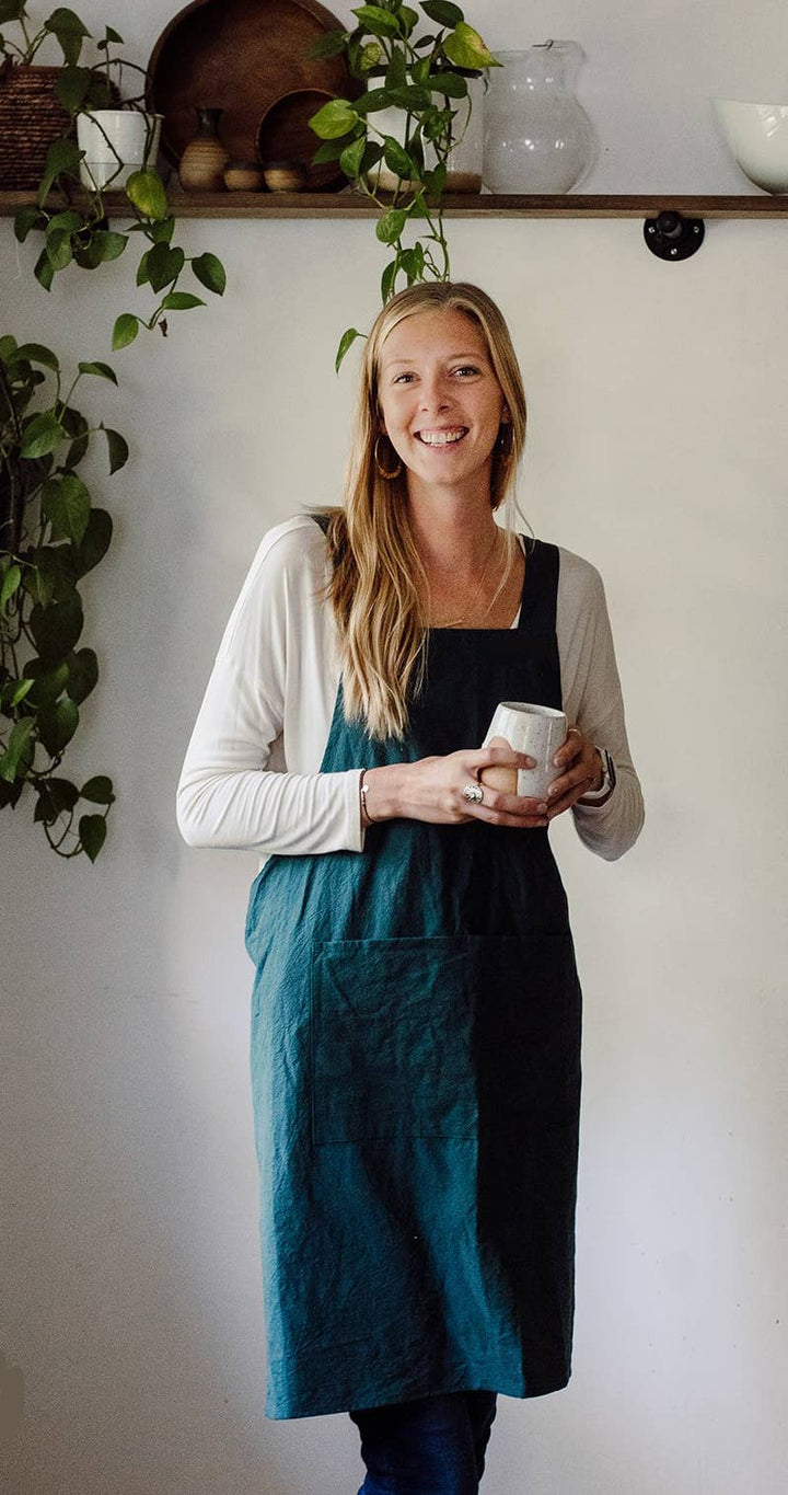 Cross Back Apron: Peacock Blue - Pretty by Her - handmade locally in Cambridge, Ontario
