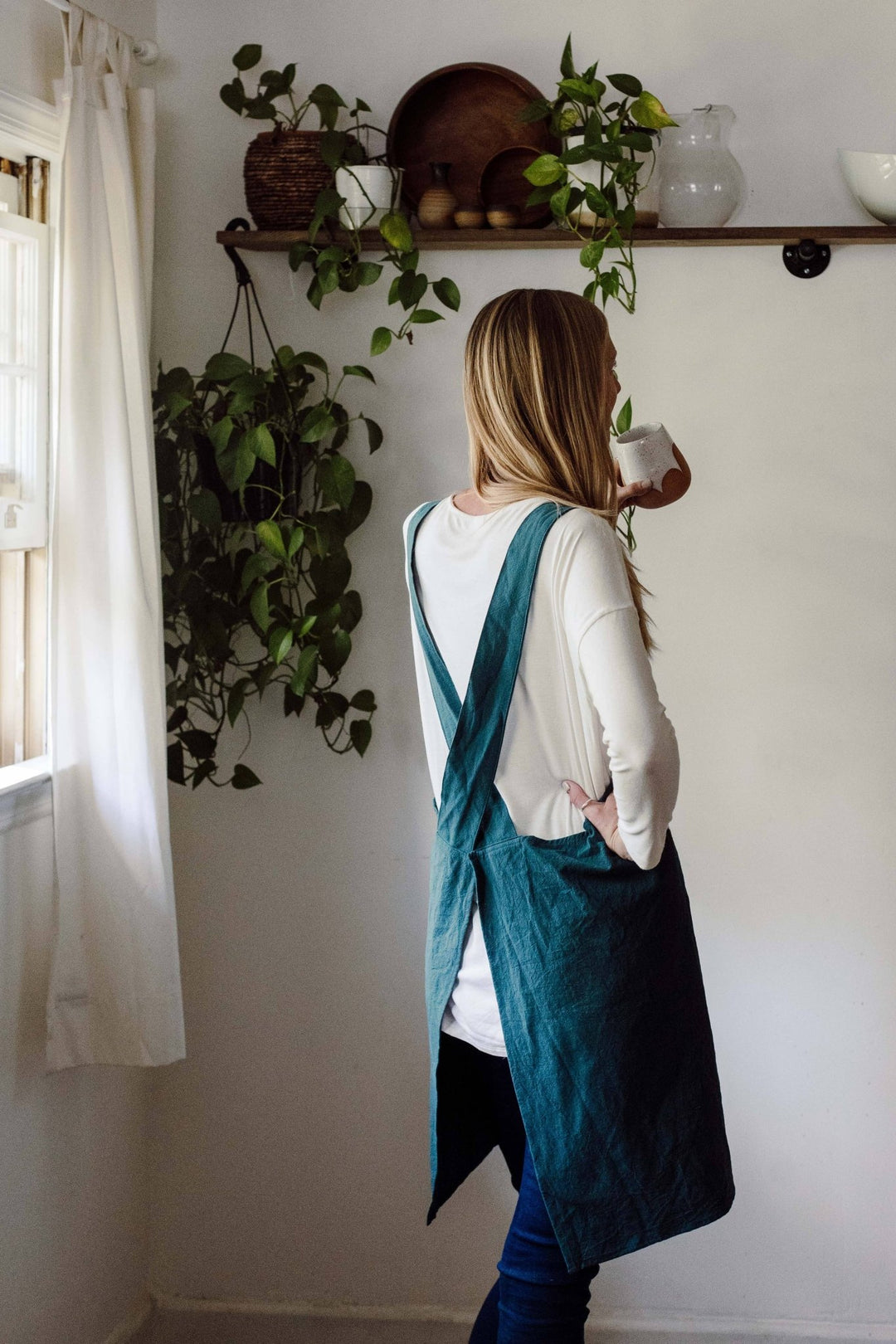 Cross Back Apron: Peacock Blue - Pretty by Her - handmade locally in Cambridge, Ontario
