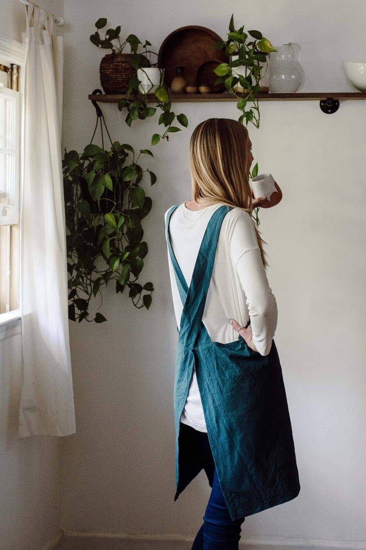 Cross Back Apron: Peacock Blue - Pretty by Her - handmade locally in Cambridge, Ontario