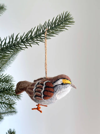 Felt White Throat Sparrow Bird Ornament - Pretty by Her - handmade locally in Cambridge, Ontario