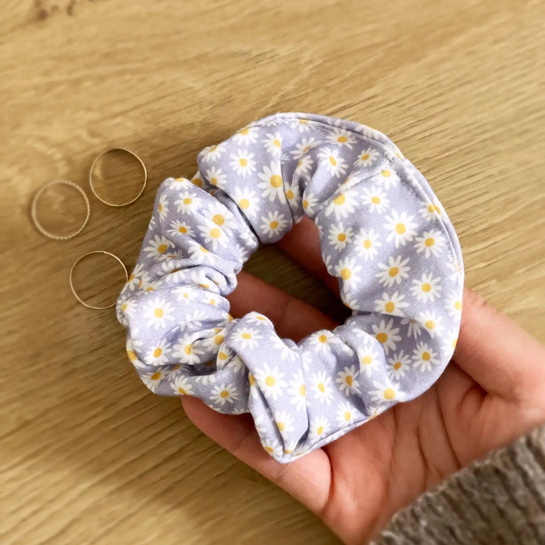 Organic Cotton Hair Scrunchie Lilac Daisies | Freon Collective - Pretty by Her- handmade locally in Cambridge, Ontario