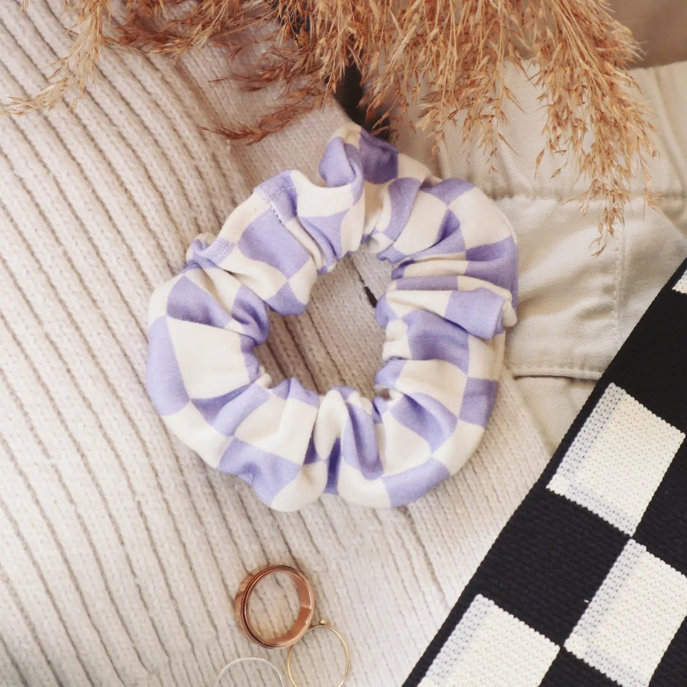 Organic Cotton Hair Scrunchie Periwinkle Checker | Freon Collective - Pretty by Her- handmade locally in Cambridge, Ontario