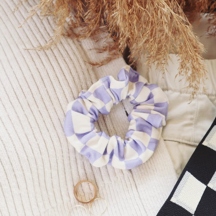 Organic Cotton Hair Scrunchie Periwinkle Checker | Freon Collective - Pretty by Her- handmade locally in Cambridge, Ontario