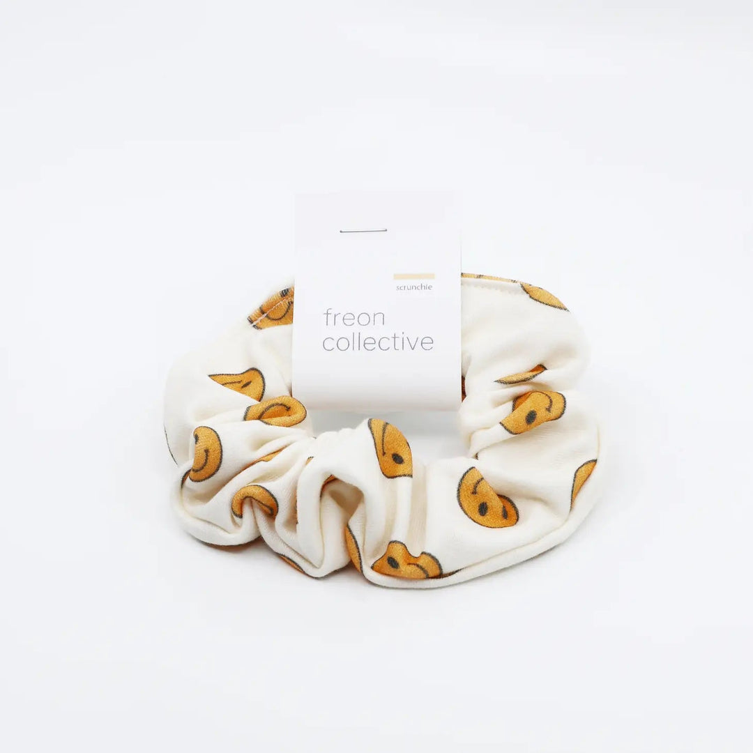 Organic Cotton Hair Scrunchie Yellow Smiley | Freon Collective - Pretty by Her- handmade locally in Cambridge, Ontario